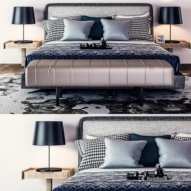 Modern Double Bed With Plush Checkered Pillows Bed Bench Nightstands And Patterned Rug 3d model