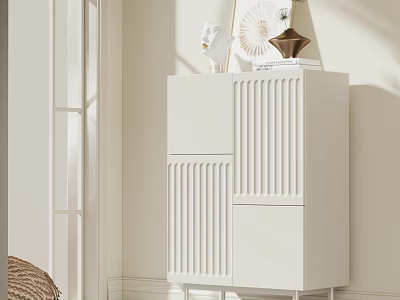 White Vertical Slat Design Cabinet In Living Room Corner With Natural Light And Decorative Items 3d model