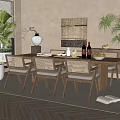 Rustic Wooden Dining Table Set With Woven Chairs Decorative Vase Fruit Bowl And Potted Plants