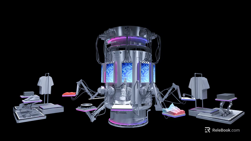 High Tech Industrial Equipment Featuring Cylindrical Core Multiple Robotic Arms And Digital Control Panels 3d model