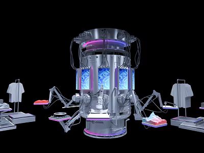 High Tech Industrial Equipment Featuring Cylindrical Core Multiple Robotic Arms And Digital Control Panels 3d model