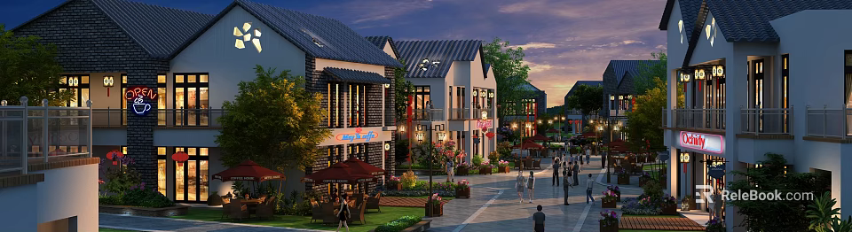 Traditional Modern Commercial Street With Shops Outdoor Seating Greenery And Twilight Pedestrian Atmosphere 3d model 