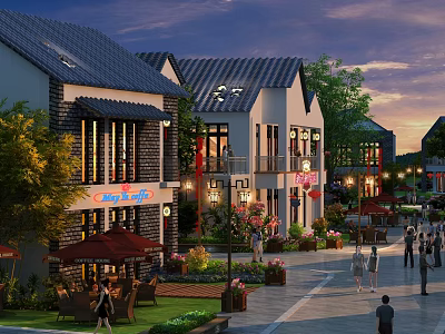 Traditional Modern Commercial Street With Shops Outdoor Seating Greenery And Twilight Pedestrian Atmosphere 3d model