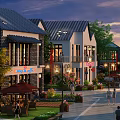 Traditional Modern Commercial Street With Shops Outdoor Seating Greenery And Twilight Pedestrian Atmosphere
