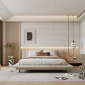 Modern Bedroom Interior With Neutral Tones Bed Pendant Light Artwork And Bookshelf