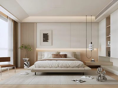 Modern Bedroom Interior With Neutral Tones Bed Pendant Light Artwork And Bookshelf 3d model