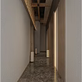 Modern Elevator Hallway Interior With Beige Walls Dark Stone Floor Recessed Lighting And Wooden Ceiling