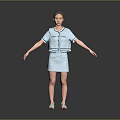 Woman In Light Blue Short Sleeve Top And Skirt With White Shoes On Gray Background