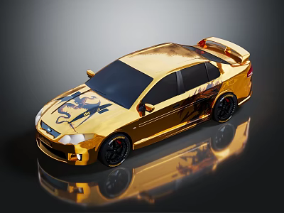 Golden Sports Car With Black Decorative Patterns And Shiny Reflective Body 3d model
