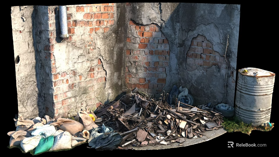 Dilapidated Brick Wall With Pile Of Broken Wood And Rubble Debris 3d model 