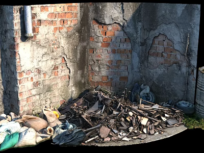 Dilapidated Brick Wall With Pile Of Broken Wood And Rubble Debris 3d model