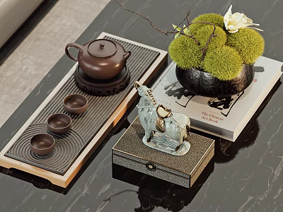 Decorative Ornament Set With Tea Tray Teapot Teacups Horse Figurine Moss Plant And Book 3d model