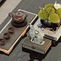 Decorative Ornament Set With Tea Tray Teapot Teacups Horse Figurine Moss Plant And Book