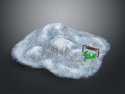 Scenic Snowy Mountain Terrain with Small Green Structure and Wooden Frame 3d model