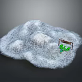 Scenic Snowy Mountain Terrain with Small Green Structure and Wooden Frame