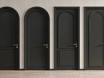 Black Hinged Doors Arched And Rectangular With Golden Handles Against Light Walls And Wooden Floor 3d model