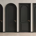 Black Hinged Doors Arched And Rectangular With Golden Handles Against Light Walls And Wooden Floor