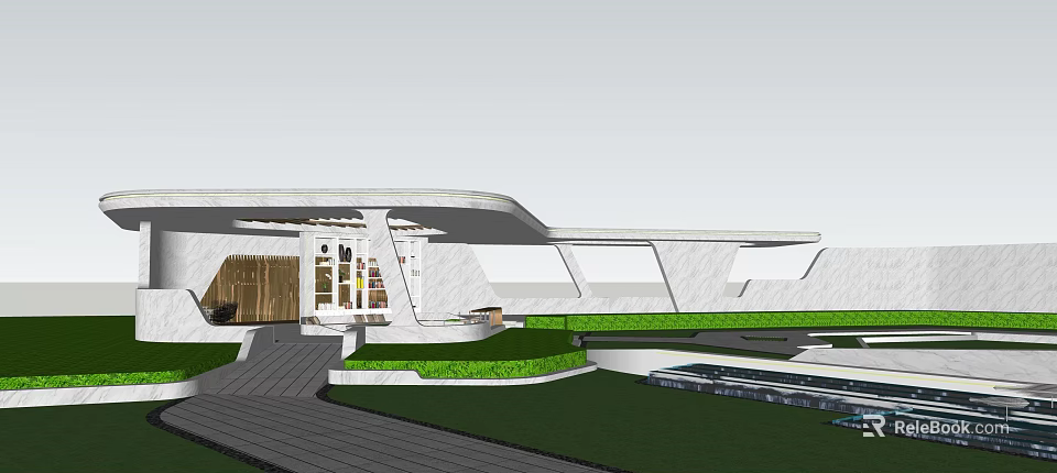 Modern Pergola Design with Curved White Structure Green Lawn and Platform 3d model 