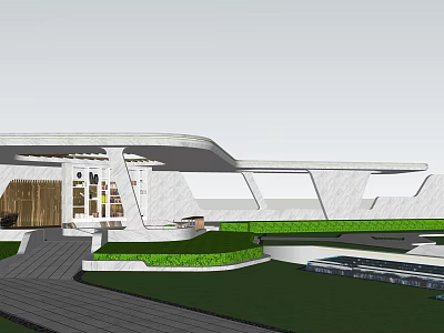 Modern Pergola Design with Curved White Structure Green Lawn and Platform 3d model