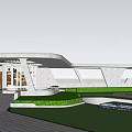 Modern Pergola Design with Curved White Structure Green Lawn and Platform