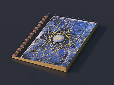 Notebook With Blue Cover Featuring Yellow Atomic Model Lines And Spiral Binding Design 3d model
