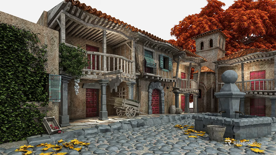 Traditional Garden Landscape With Red Tiled Roofs Wooden Balconies Orange Trees And Stone Paved Courtyard 3d model 