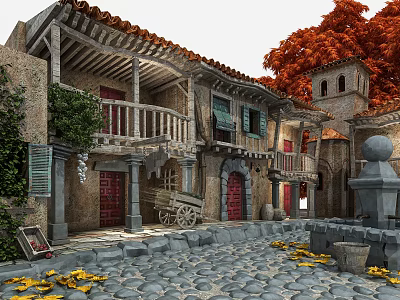 Traditional Garden Landscape With Red Tiled Roofs Wooden Balconies Orange Trees And Stone Paved Courtyard 3d model