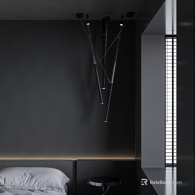 Modern Interior Design With Abstract Chandelier Geometric Metal Structure And Dark Wall 3d model 