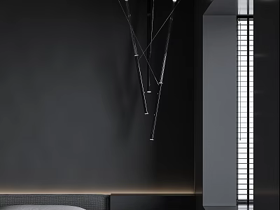 Modern Interior Design With Abstract Chandelier Geometric Metal Structure And Dark Wall 3d model