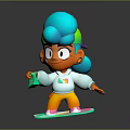 Game And Movie Character Blue Hair Rainbow Shirt Standing On Colorful Skateboard Holding Green Item