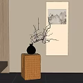 Chinese Landscape Painting Hanging with Wooden Pedestal Vase and Flower Branches