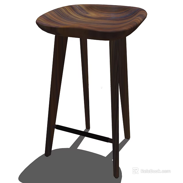 Wooden Bar Stool With Modern Design Curved Seat Solid Wood Legs And Crossbar Support 3d model 