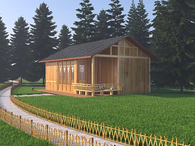 Wooden House Surrounded by Pine Trees With Green Lawn And Bamboo Fence Pathway 3d model