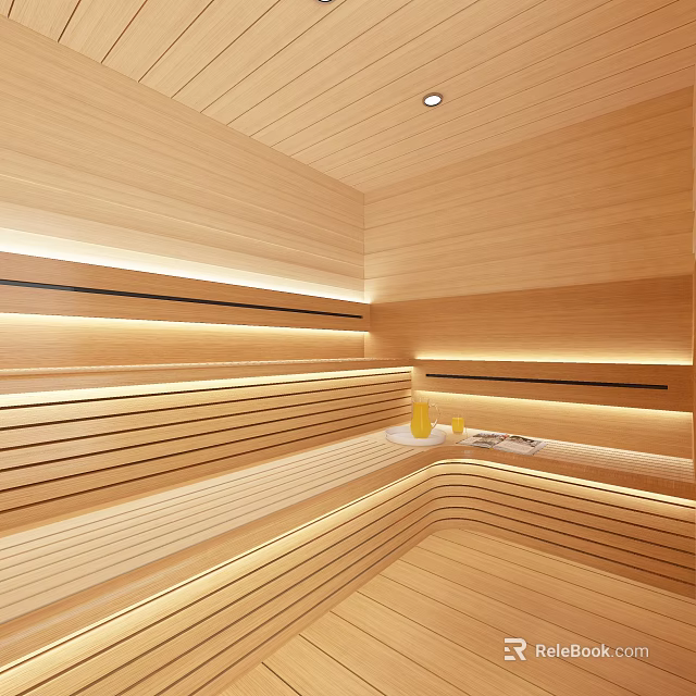 Cozy Wooden SPA Sauna Room With Warm Lighting 3d model 