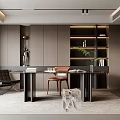 Modern Study Room Interior Design With Wooden Walls Shelves Desk Chairs Plant And Sculpture