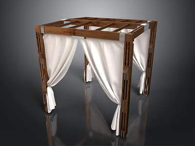 Wooden Decorative Canopy Structure With White Curtains And Frame Design 3d model