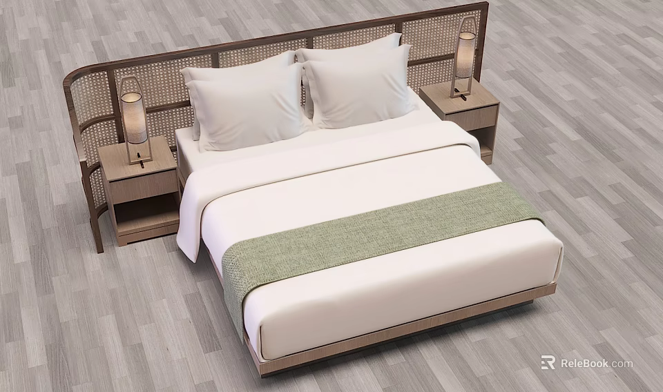 Single Bed with Rattan Headboard Wooden Frame White Bedding Green Blanket and Nightstands with Lamps 3d model 