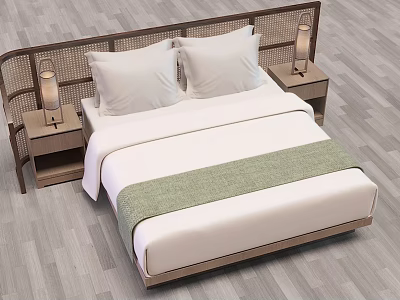 Single Bed with Rattan Headboard Wooden Frame White Bedding Green Blanket and Nightstands with Lamps 3d model