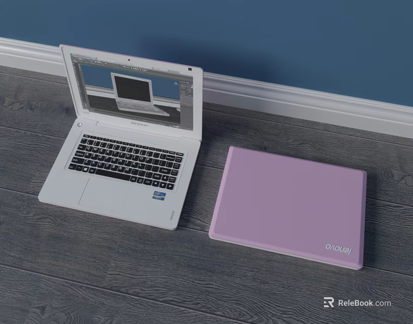White Dell Laptop Open With Screen Display And Pink Laptop Case On Wooden Floor 3d model 