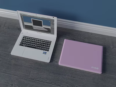 White Dell Laptop Open With Screen Display And Pink Laptop Case On Wooden Floor 3d model