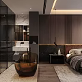 Modern Bedroom Interior Design With Bed Headboard Nightstand Pendant Lamp Curtains And Rug