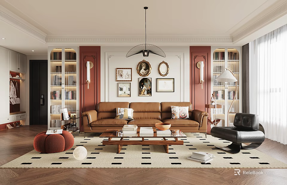 Elegant Living Room Interior With Brown Sofa Throw Pillows Coffee Table Bookshelves And Framed Artworks 3d model 