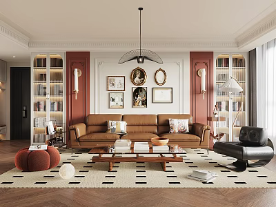 Elegant Living Room Interior With Brown Sofa Throw Pillows Coffee Table Bookshelves And Framed Artworks 3d model