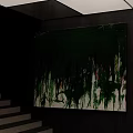 Abstract Green White Oil Painting With Dripping Brush Strokes Red Pink Accents On Dark Wall