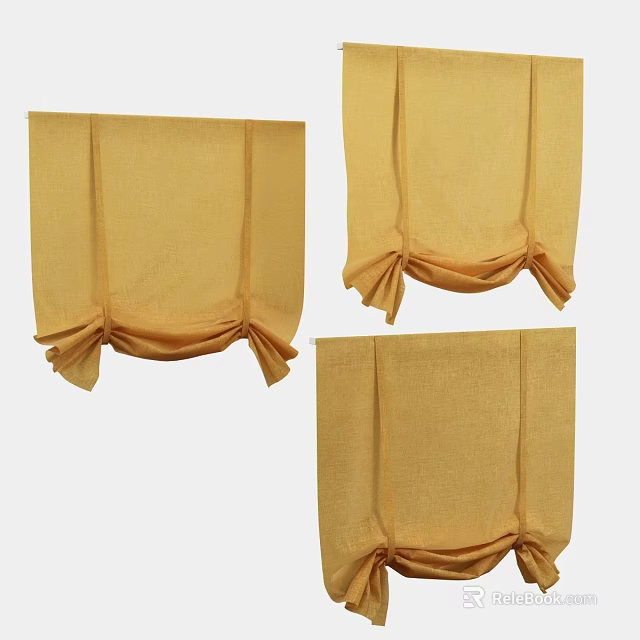 Yellow Linen Curtains with Tie Top Design and Three Different Display Views 3d model