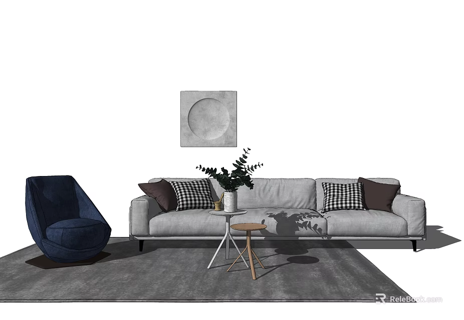 Gray Sofa And Coffee Table Set Featuring Plaid Solid Cushions Green Plant Navy Blue Armchair 3d model