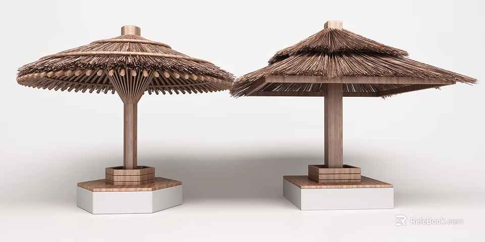 Two Outdoor Thatched Roof Pavilions With Wooden Pillars And Square Bases 3d model 