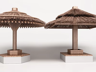 Two Outdoor Thatched Roof Pavilions With Wooden Pillars And Square Bases 3d model