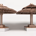 Two Outdoor Thatched Roof Pavilions With Wooden Pillars And Square Bases