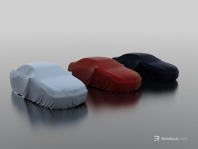 Three Covered Cars In Light Blue Red Dark Blue On Smooth Black Surface 3d model 